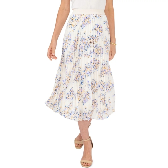 NWT Vince Camuto Womens L Spaced Garden Floral White Pleated Midi Skirt - Picture 4 of 6